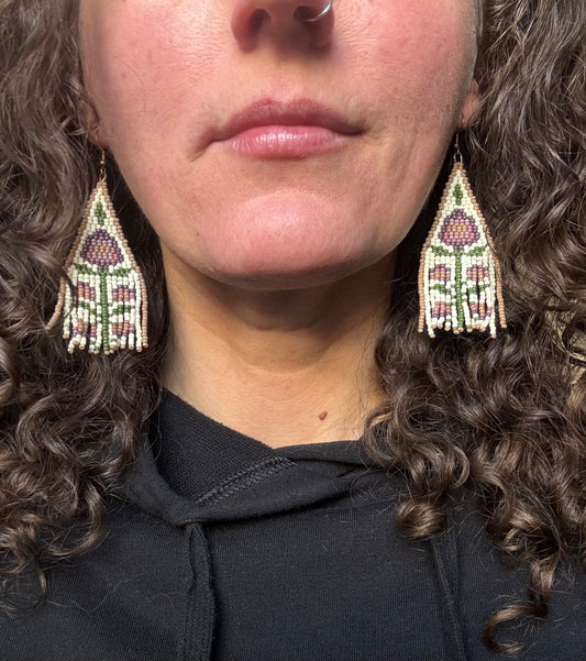 Folk Floral Beaded Earrings – Handmade brick stitch, fringe earrings