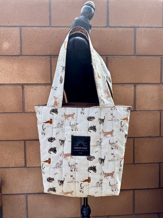 Quilted Cat Tote Bag - handmade large shoulder bag | inner pockets | lined & durable
