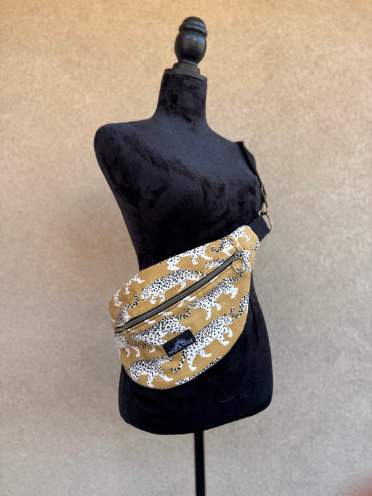 Golden Leopard Fanny Pack – Handmade Cotton Canvas Crossbody Bag