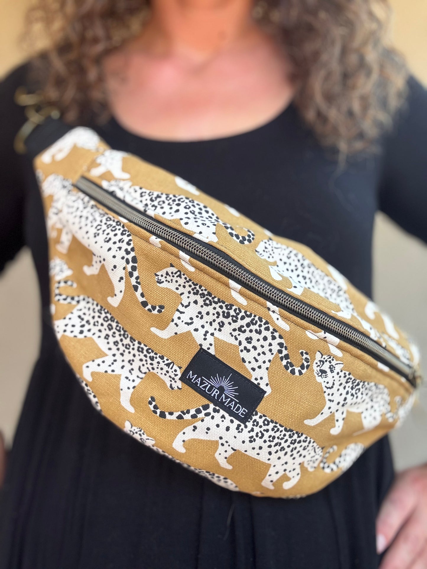 Golden Leopard Fanny Pack – Handmade Cotton Canvas Crossbody Bag