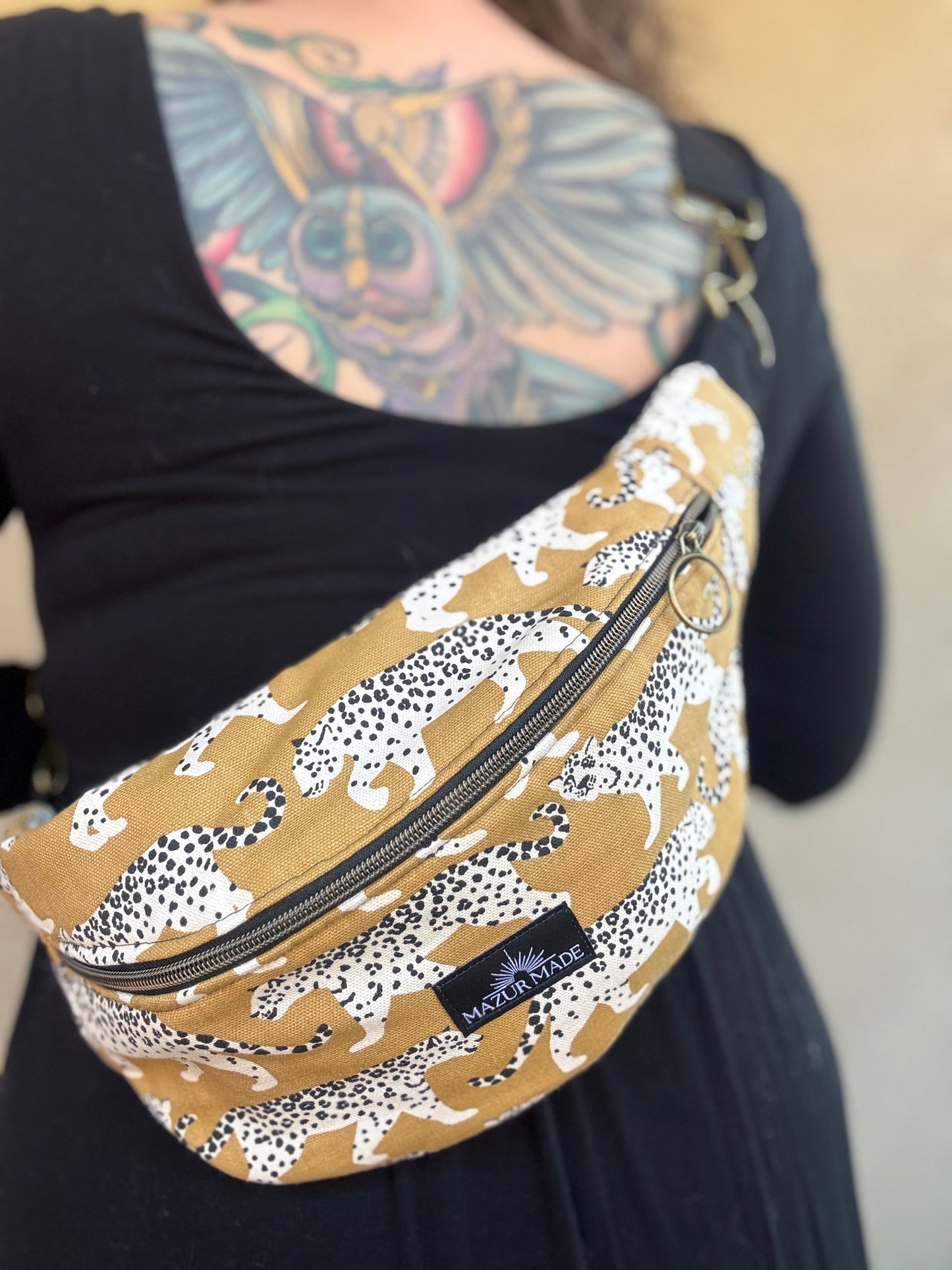 Golden Leopard Fanny Pack – Handmade Cotton Canvas Crossbody Bag