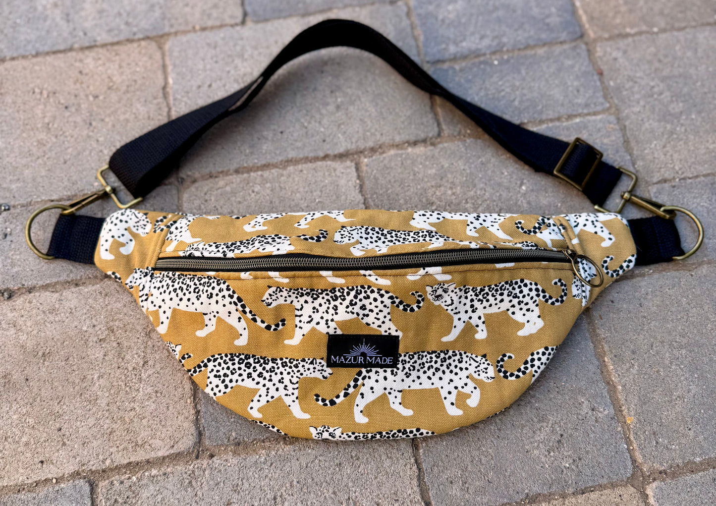 Golden Leopard Fanny Pack – Handmade Cotton Canvas Crossbody Bag