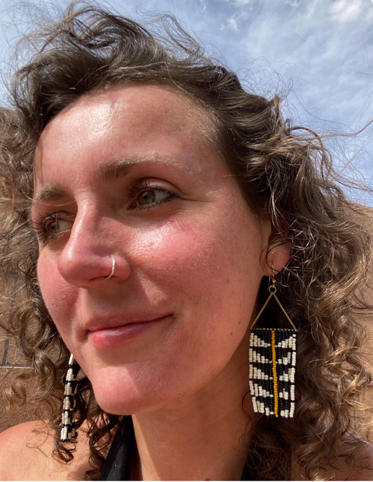 Handmade Geometric Beaded Fringe Earrings – Black, White & Mustard – Statement Jewelry