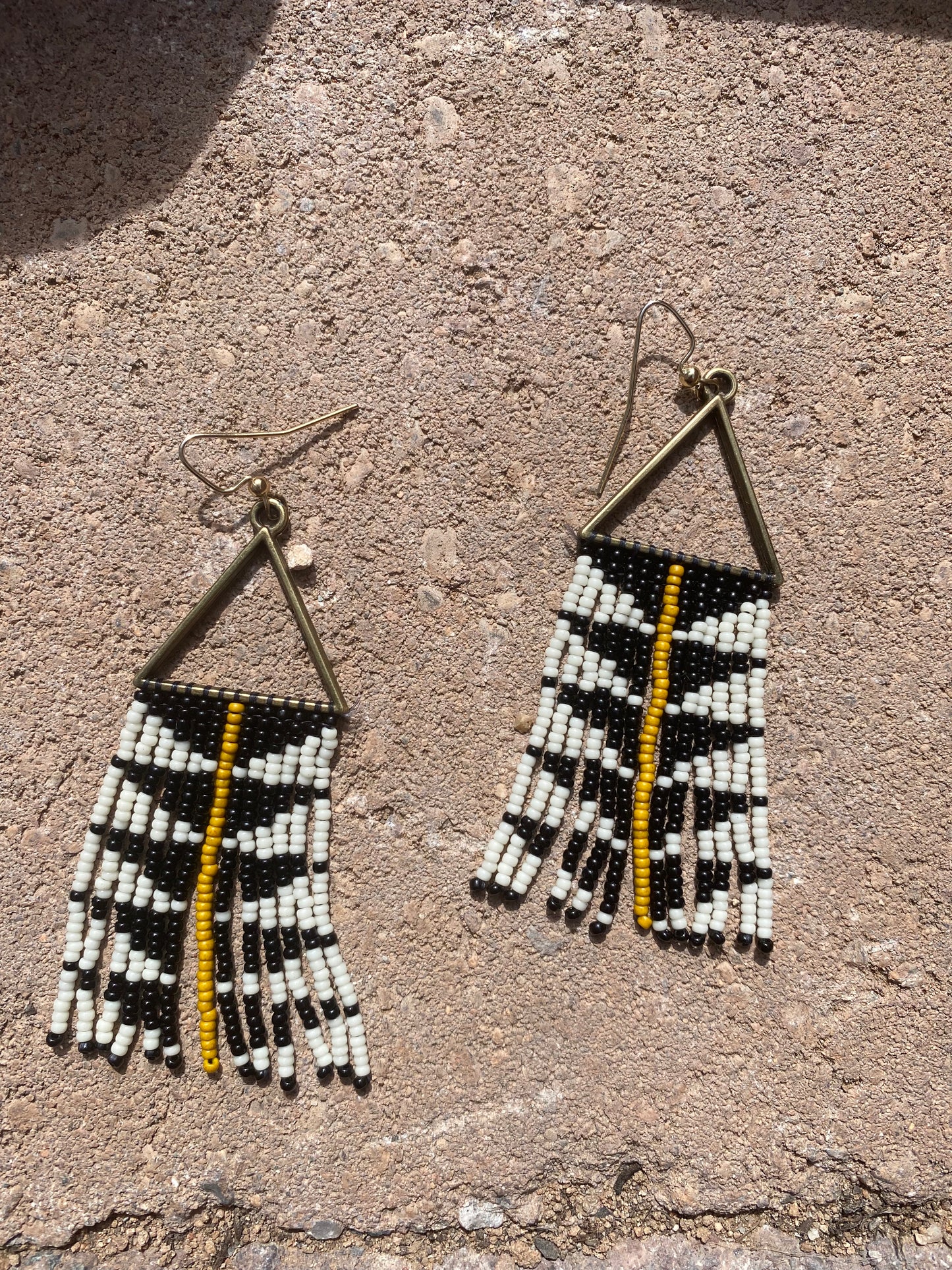 Handmade Geometric Beaded Fringe Earrings – Black, White & Mustard – Statement Jewelry