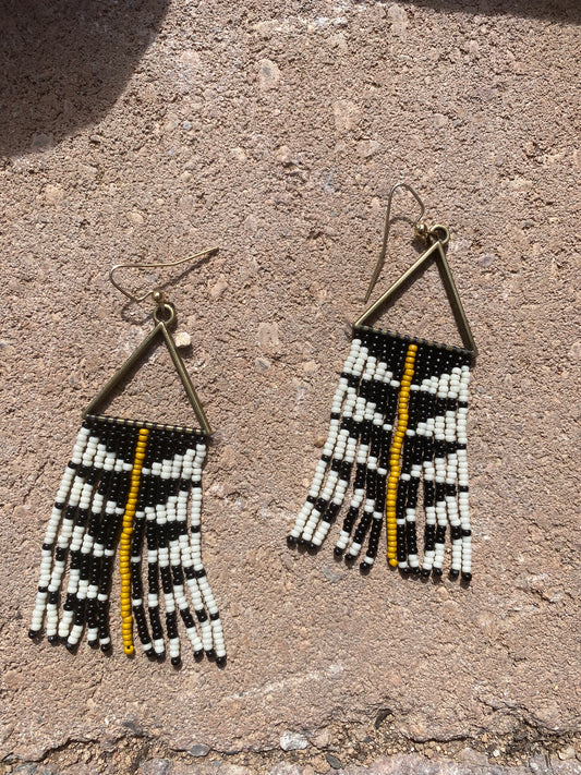 Handmade Geometric Beaded Fringe Earrings – Black, White & Mustard – Statement Jewelry