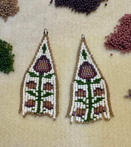 Folk Floral Beaded Earrings – Handmade brick stitch, fringe earrings