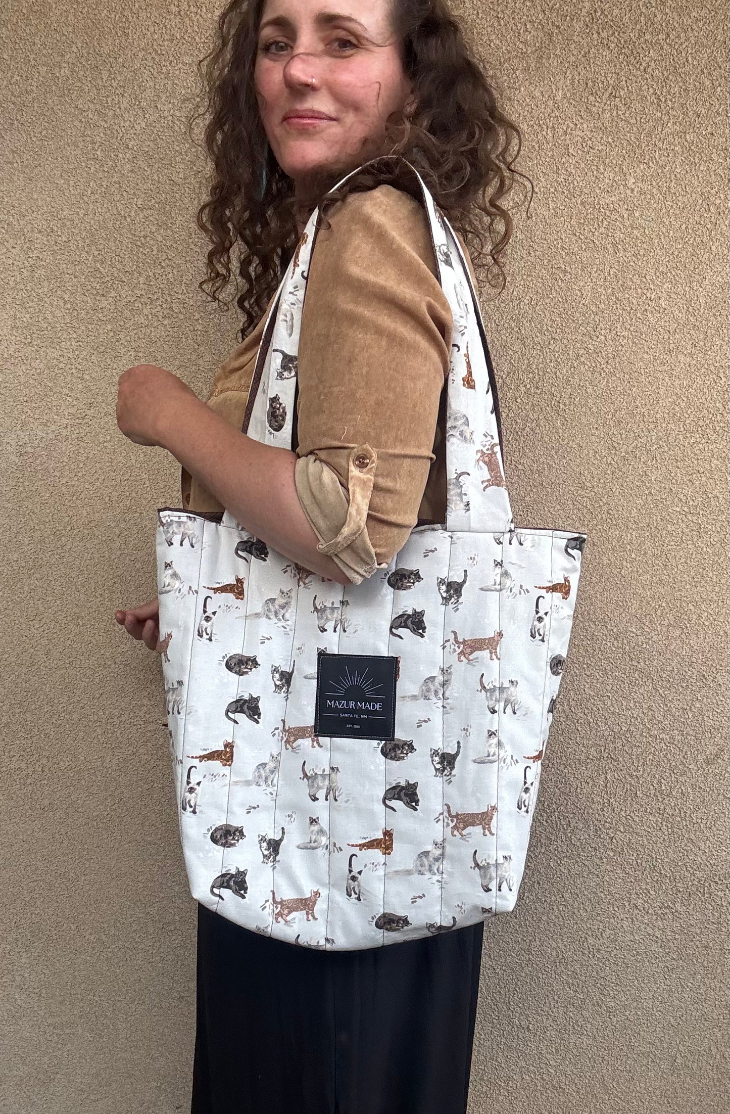 Quilted Cat Tote Bag - handmade large shoulder bag | inner pockets | lined & durable