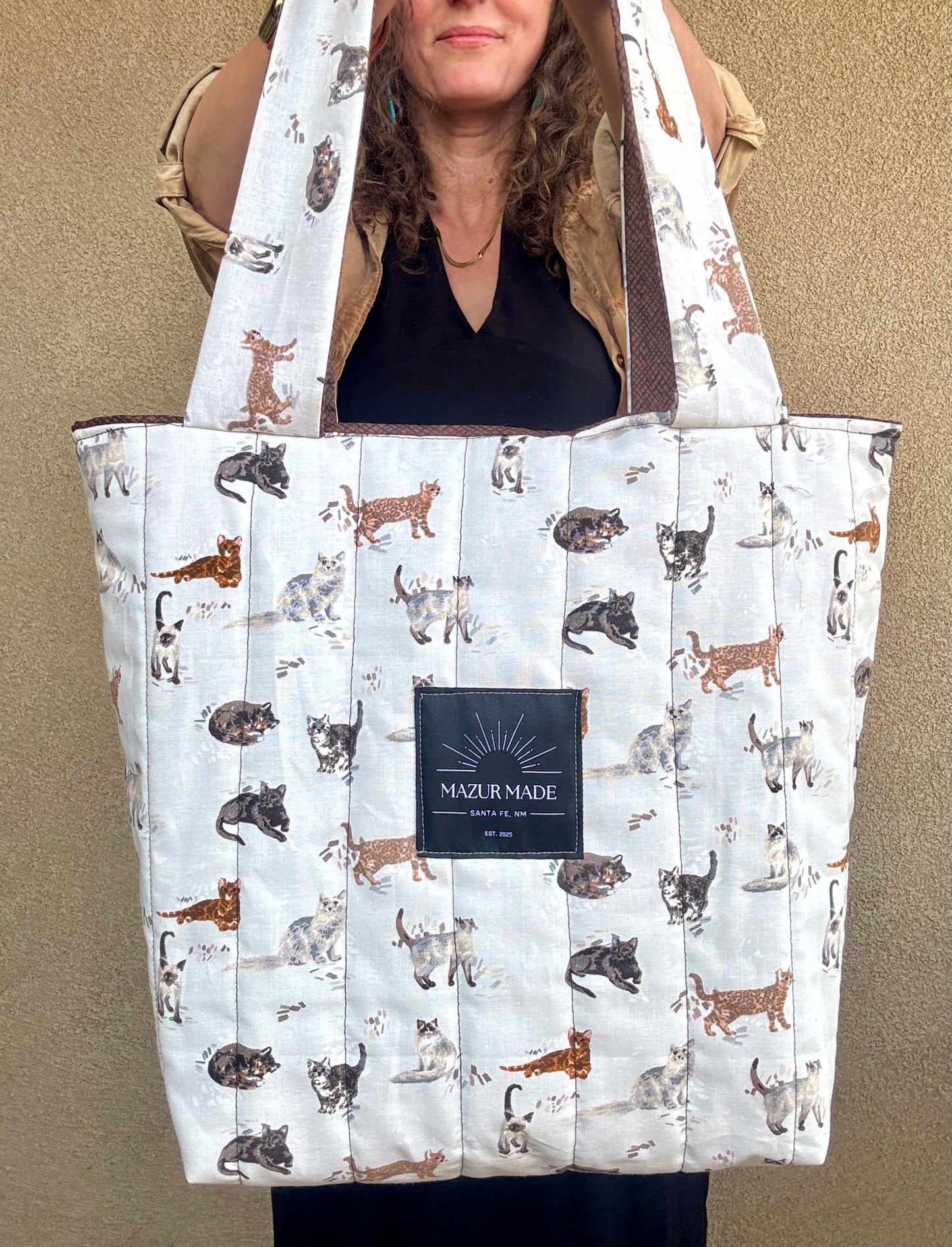 Quilted Cat Tote Bag - handmade large shoulder bag | inner pockets | lined & durable