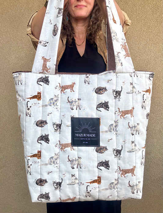 Quilted Cat Tote Bag - handmade large shoulder bag | inner pockets | lined & durable
