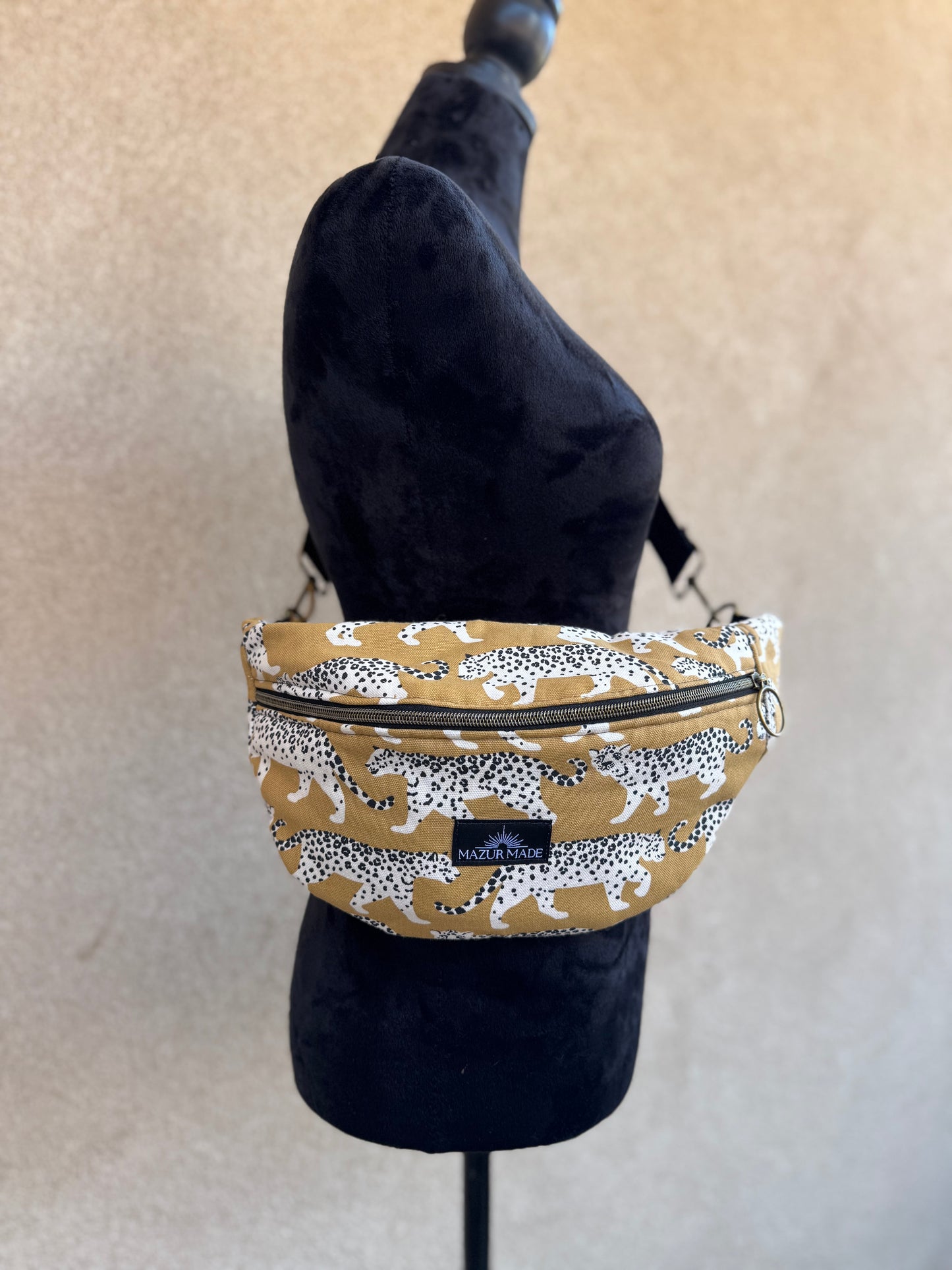 Golden Leopard Fanny Pack – Handmade Cotton Canvas Crossbody Bag