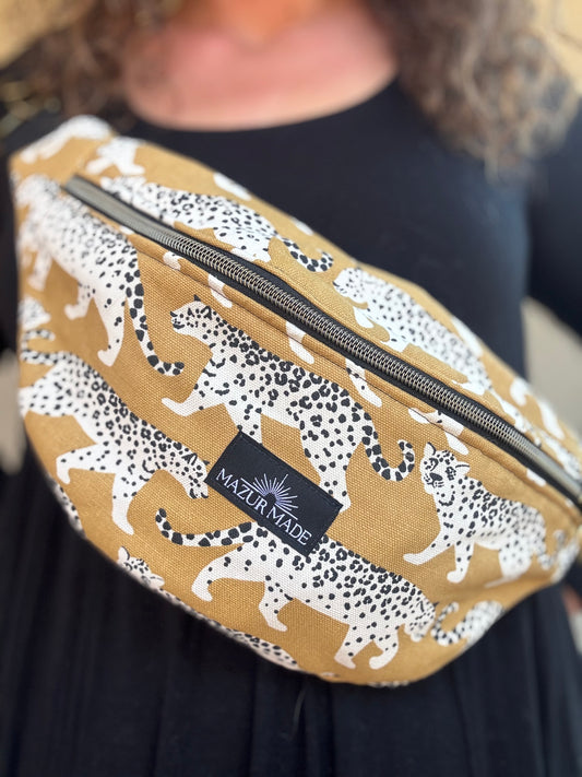 Golden Leopard Fanny Pack – Handmade Cotton Canvas Crossbody Bag