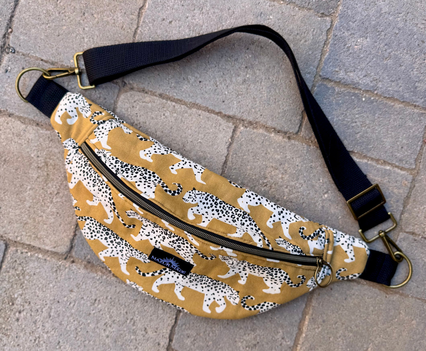 Golden Leopard Fanny Pack – Handmade Cotton Canvas Crossbody Bag